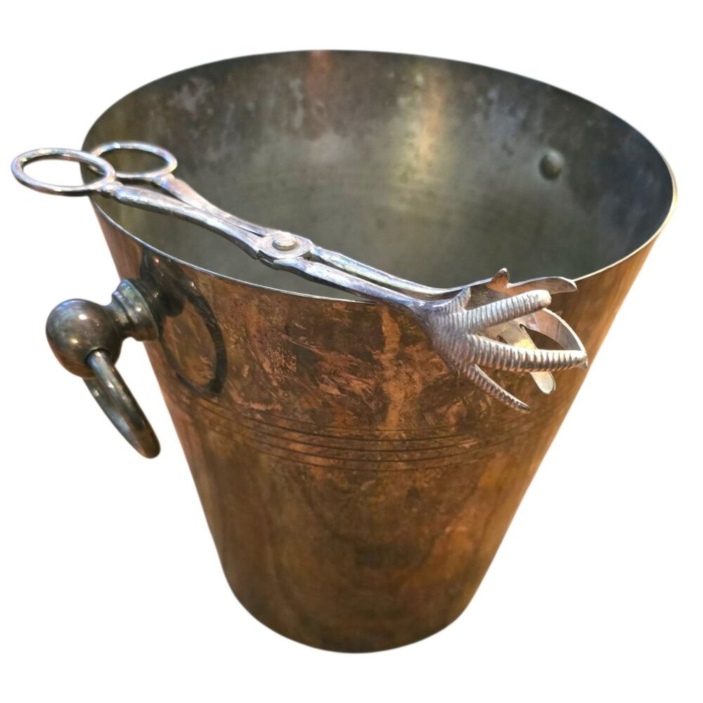 Vintage Silver-Plated Ice Bucket With Bird Foot Tongs Set K&M England CM2130